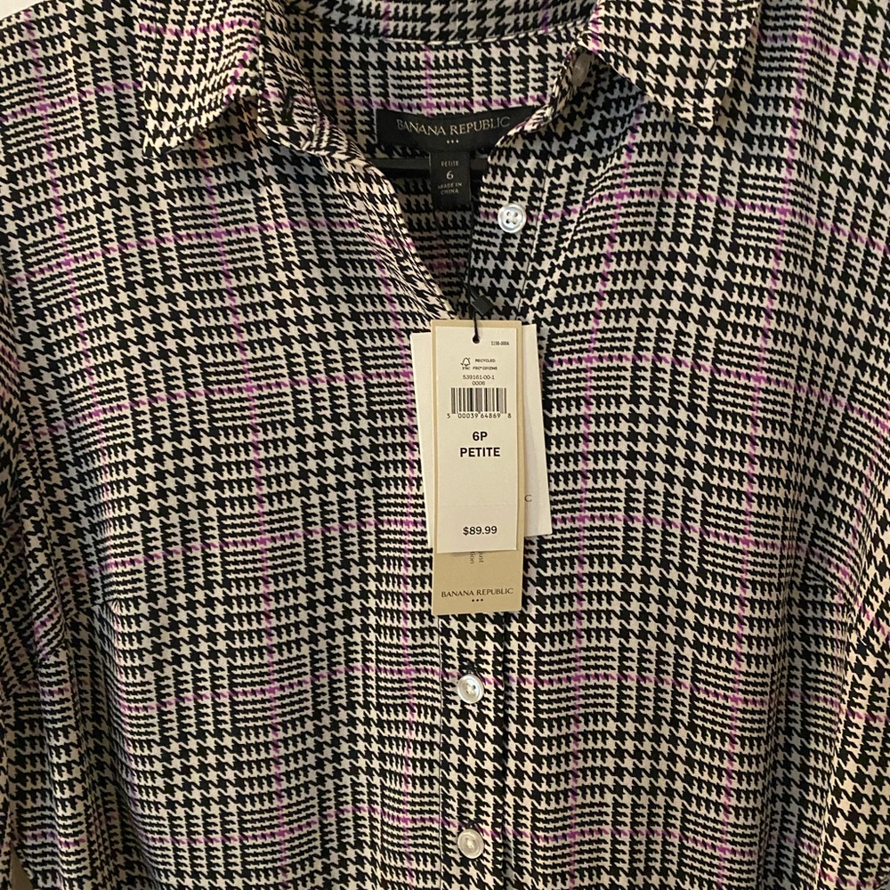 Banana Republic Black & Pink Glen Plaid Button-Front Tie-Waist Dress
